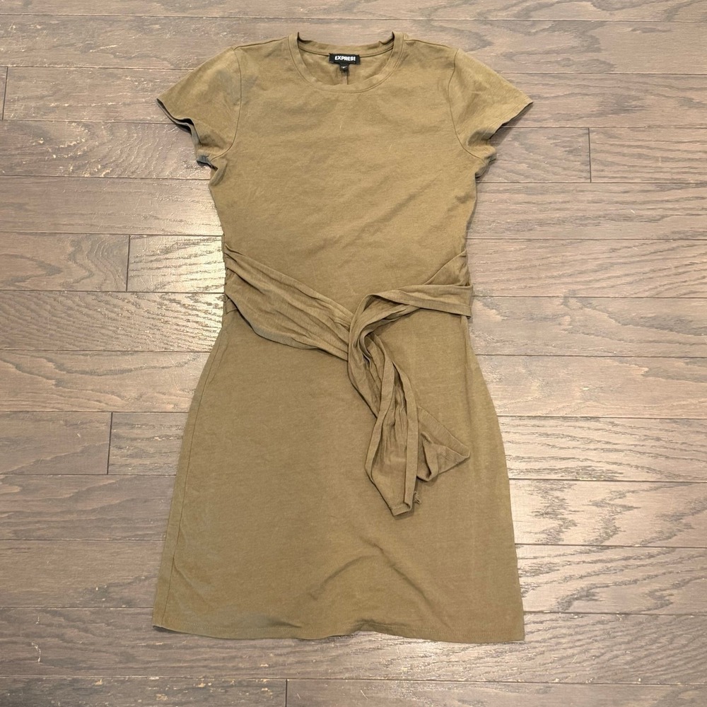 Express Womens Olive Green Short Sleeve Tie Waist T-Shirt Mini‎ Dress Small